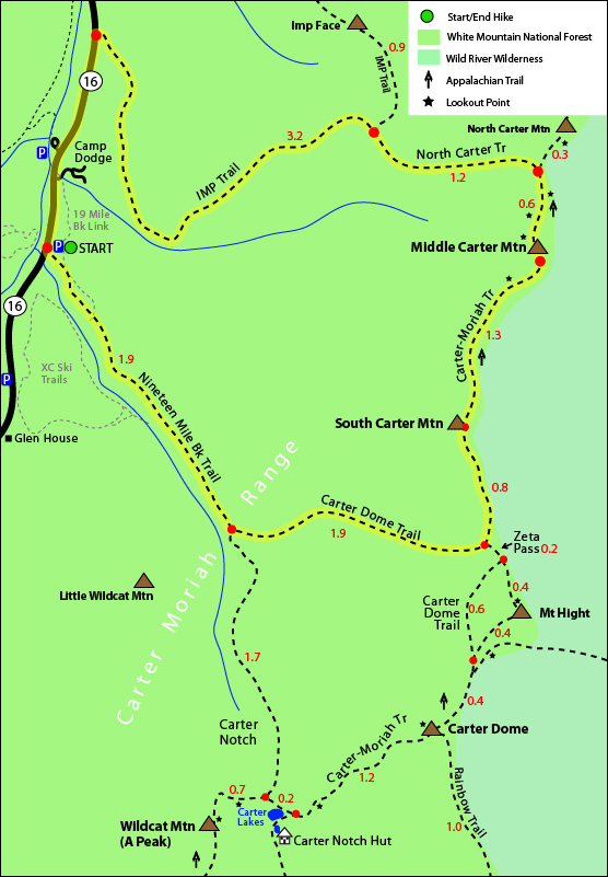 South Carter, Middle Carter, Carter Dome trail map. Carter Dome Trail, Carter-Moriah Trail, Nineteen Mile Brook Trail, IMP Trail, Route 16 Pinkham Notch, Appalachian Trail map, North Carter Trail, Carter Moriah Range